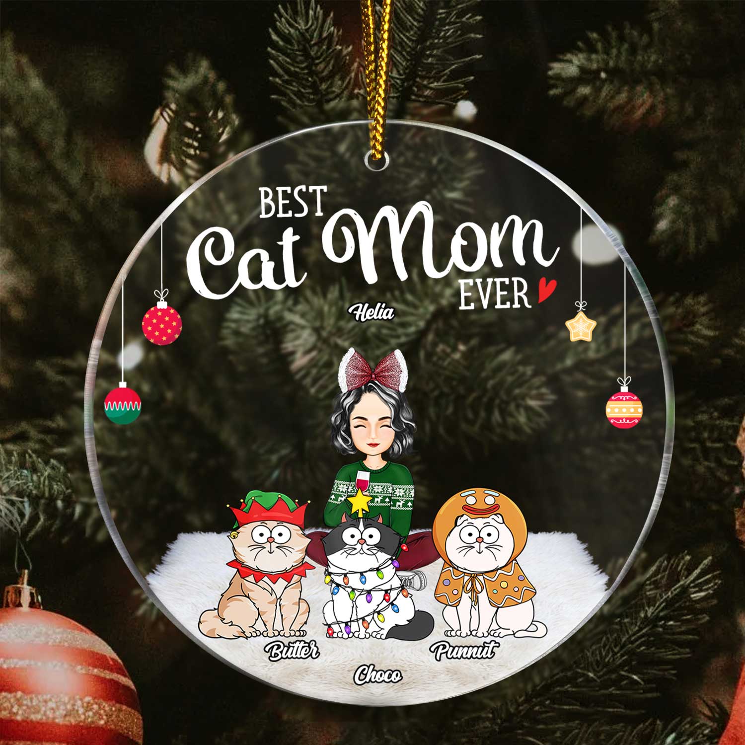 Best Cat Mom Ever Funny Cartoon Cats - Christmas Gift For Cat Lovers - Personalized Circle Acrylic Ornament - Image 3