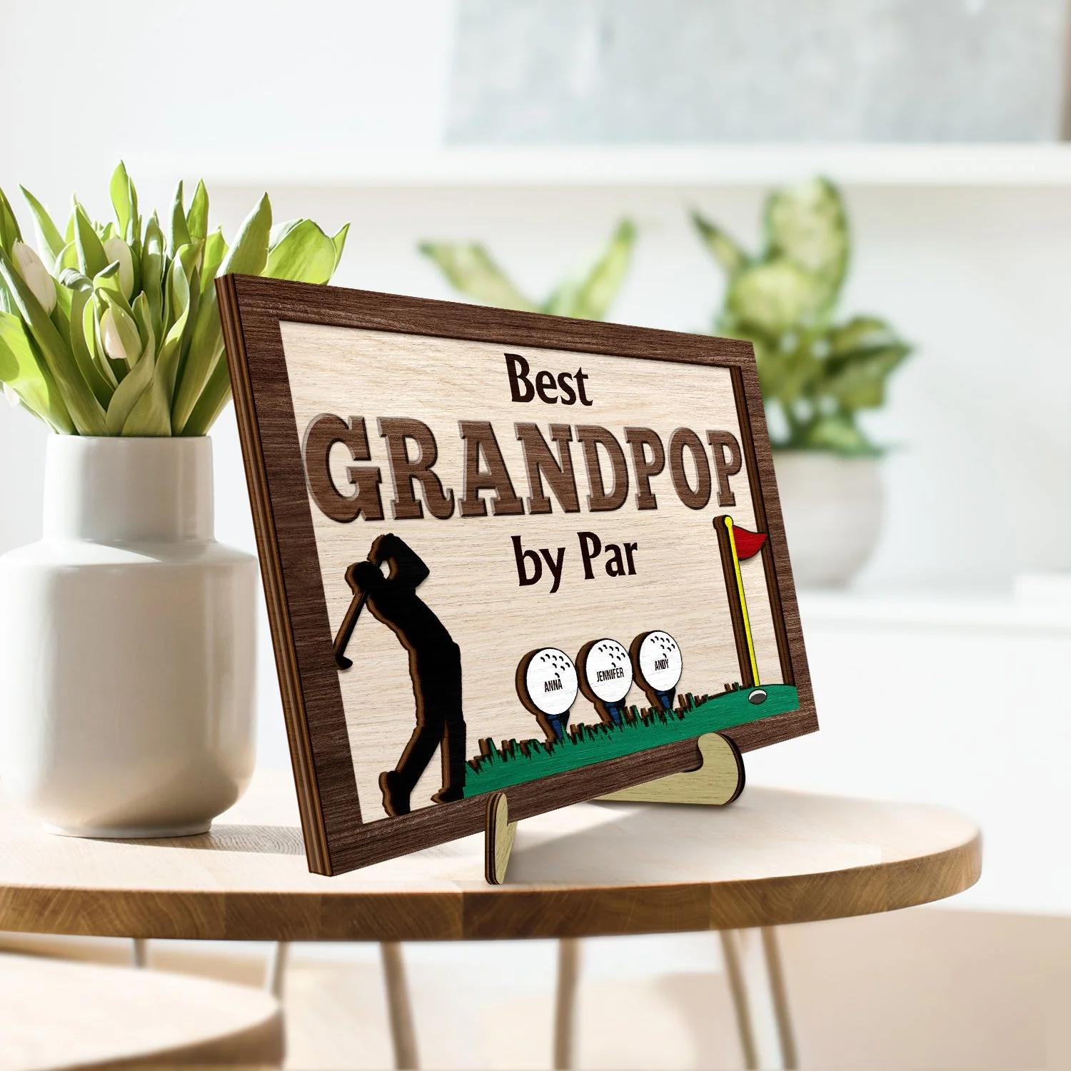 Best Dad By Par - Birthday, Loving Father Gift For Golf Lover, Golfer Papa - Personalized 2-Layered Wooden Plaque With Stand - Image 3