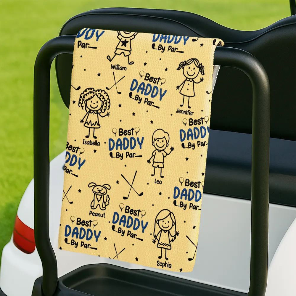 Best Dad By Par Stick Figures Kid & Pet - Personalized Golf Towel - Image 2