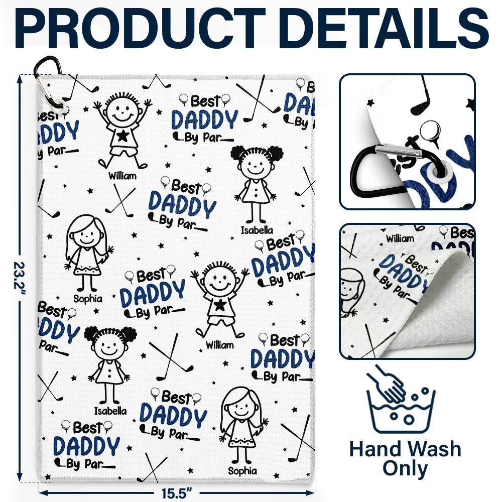 Best Dad By Par Stick Figures Kid & Pet - Personalized Golf Towel - Image 4