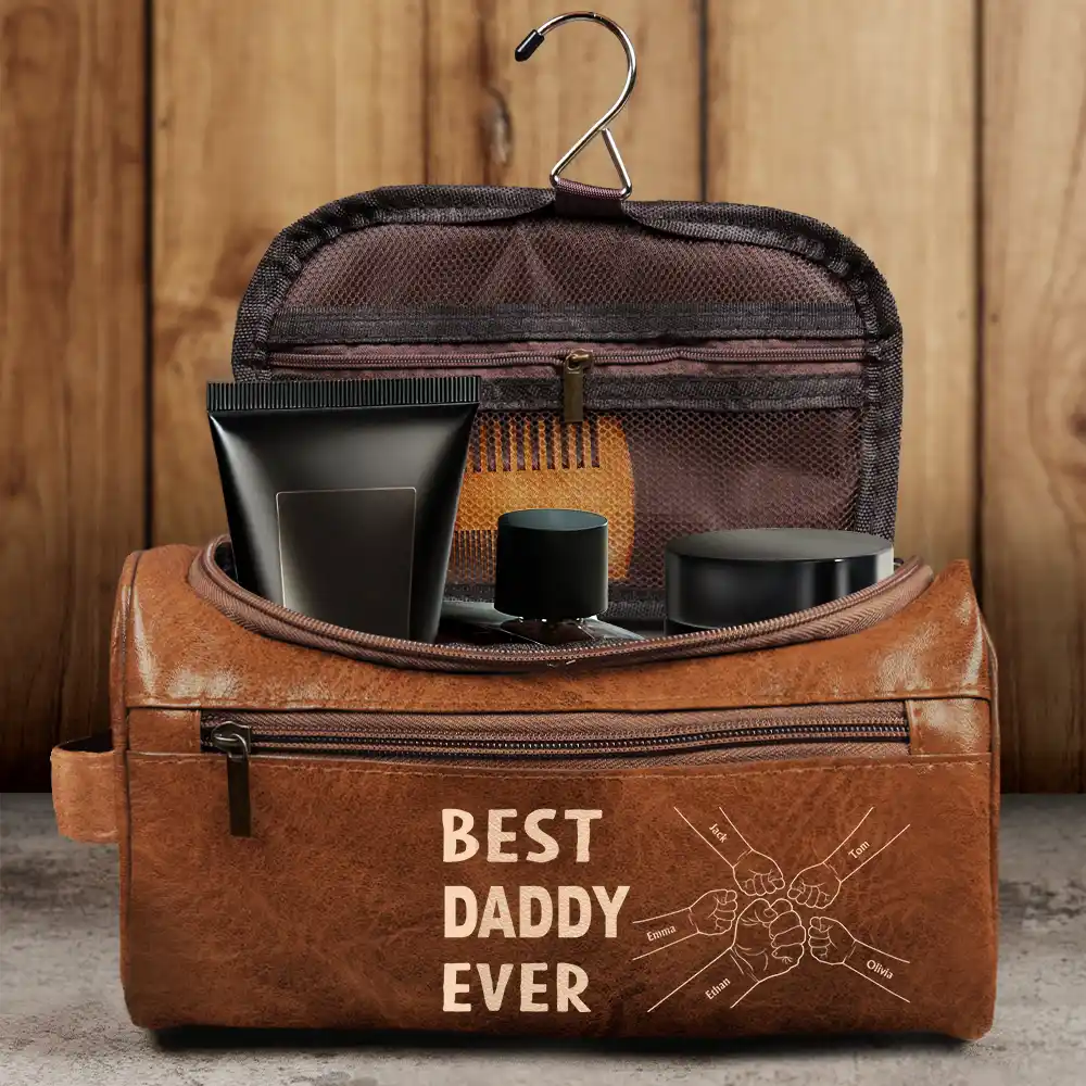 Best Dad Ever Fist Bump - Personalized Leather Toiletry Bag - Image 4