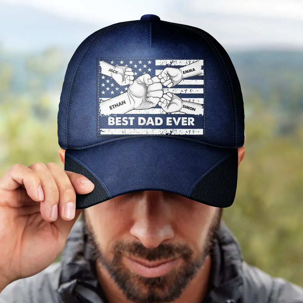 Best Dad Ever Flag Hand Line Sketch - Personalized Classic Cap - Image 4
