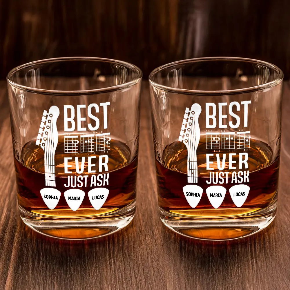Best Dad Ever Guitar Headstock Custom Kid Names - Personalized Whiskey Glass - Image 2