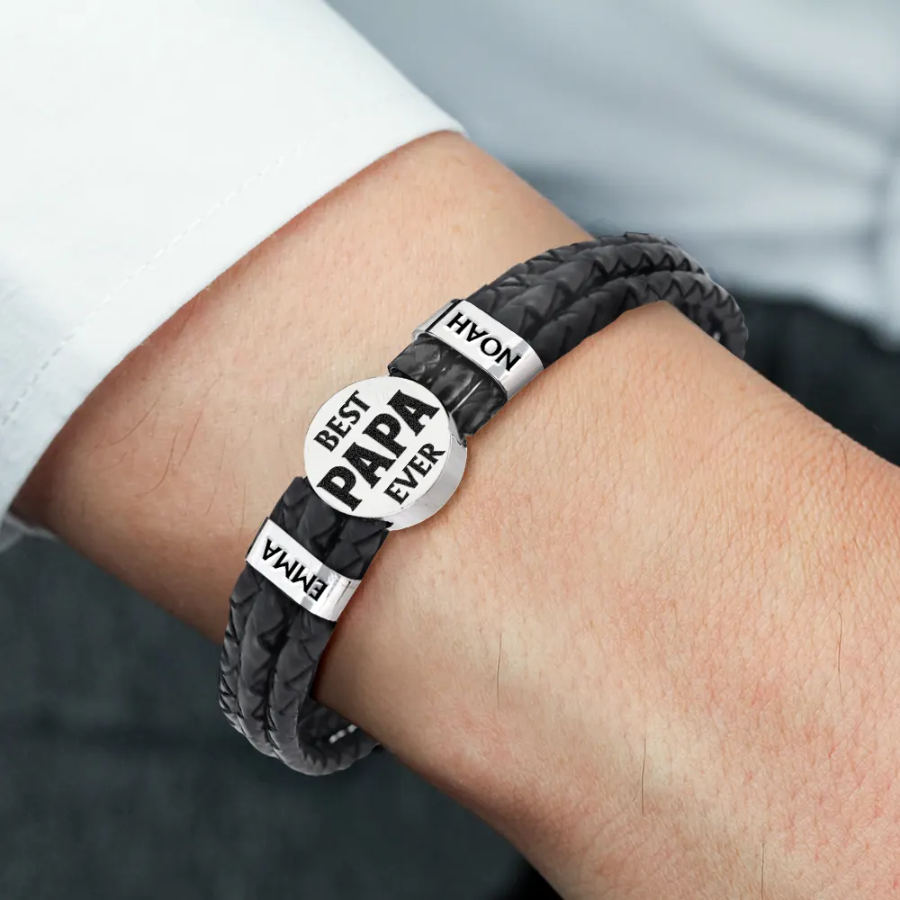 Best Dad Ever - Personalized Leather Braided Bracelet - Image 2
