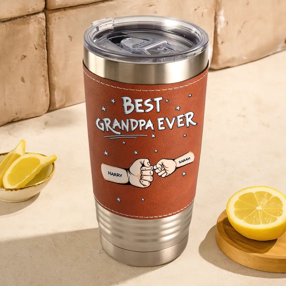 Best Dad Ever Pet And Kid Hand Punch - Personalized Leather Tumbler - Image 3