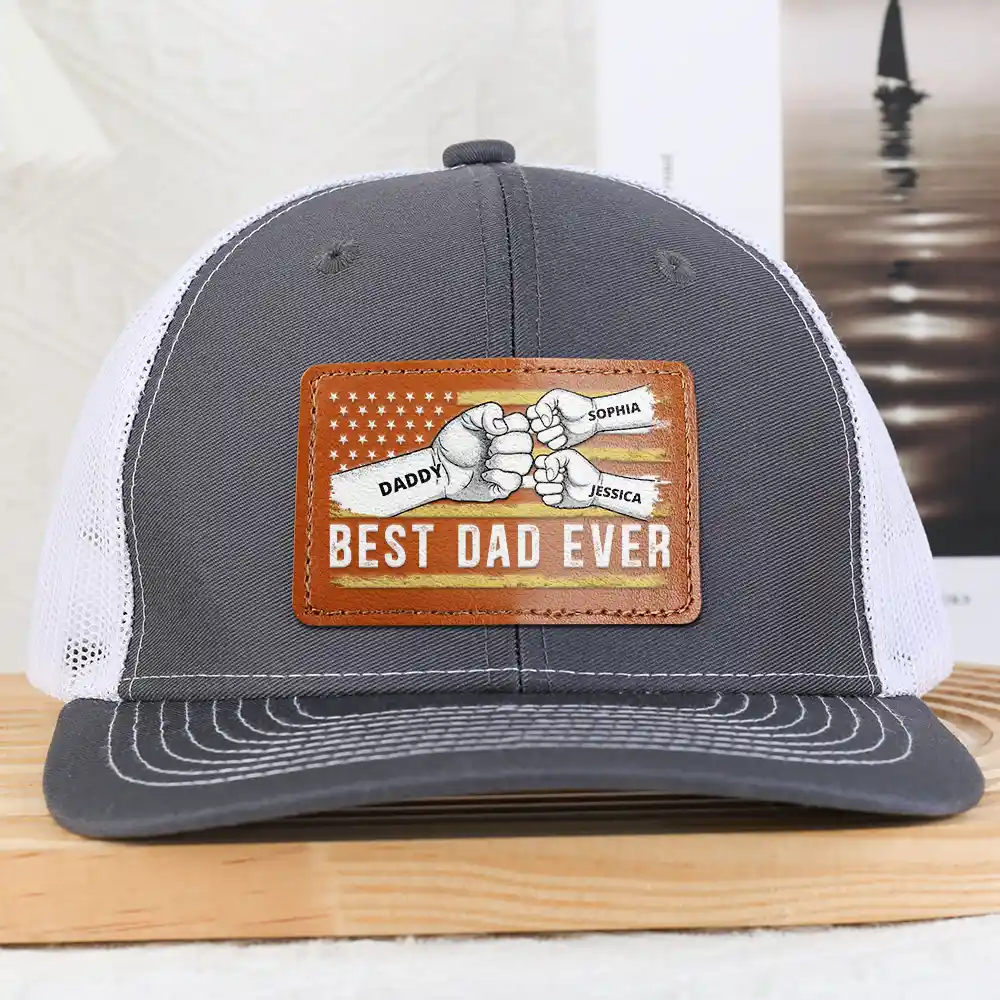 Best Dad Ever Stars And Stripes - Personalized Leather Patch Hat - Image 2