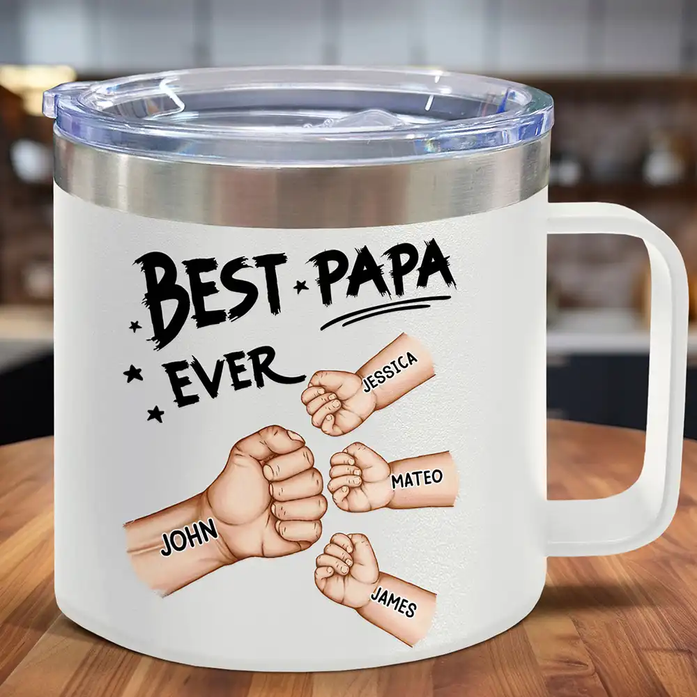 Best Dad Grandpa Ever Fist Bump - Personalized 14oz Stainless Steel Tumbler With Handle - Image 2