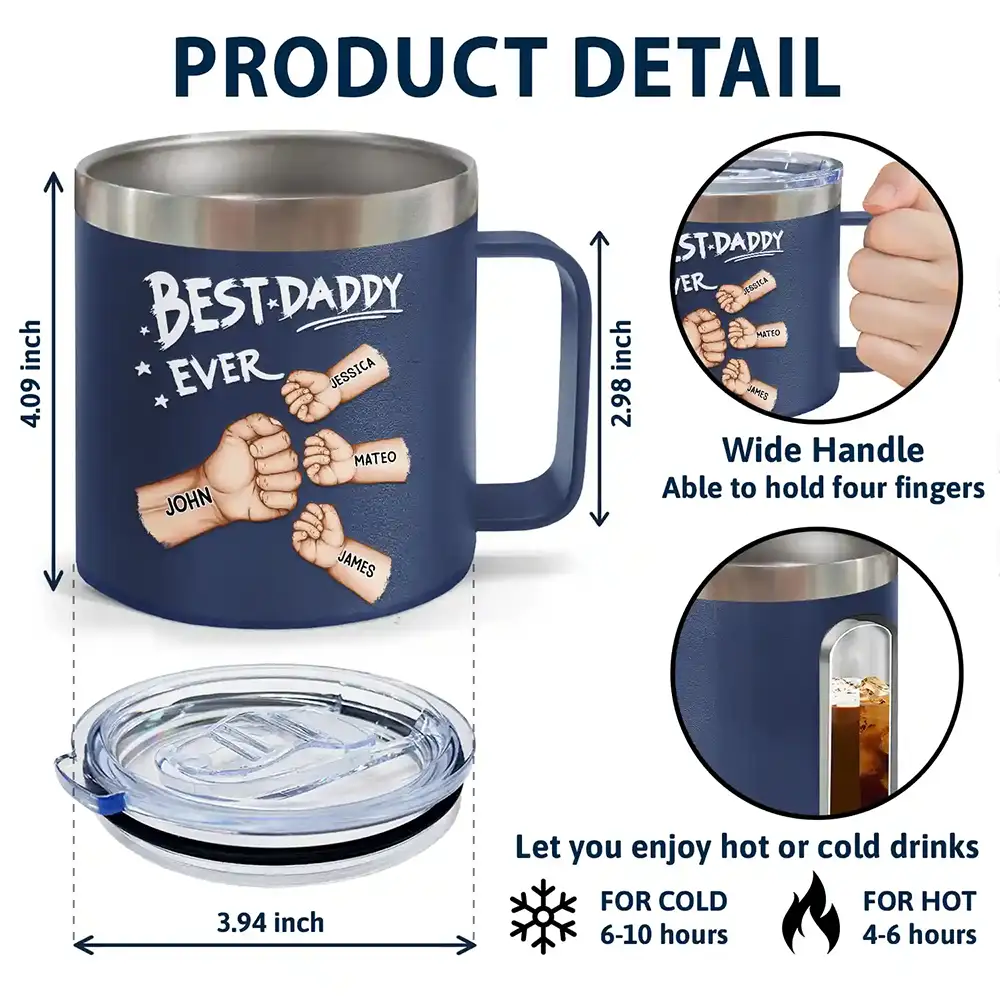 Best Dad Grandpa Ever Fist Bump - Personalized 14oz Stainless Steel Tumbler With Handle - Image 5
