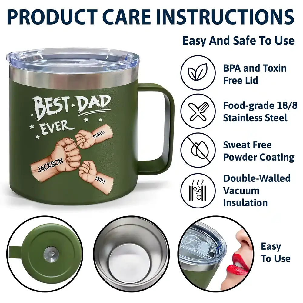 Best Dad Grandpa Ever Fist Bump - Personalized 14oz Stainless Steel Tumbler With Handle - Image 7