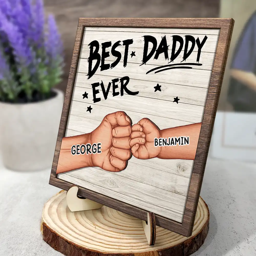 Best Dad Grandpa Ever Fist Bump - Personalized 2-Layered Wooden Plaque With Stand - Image 2