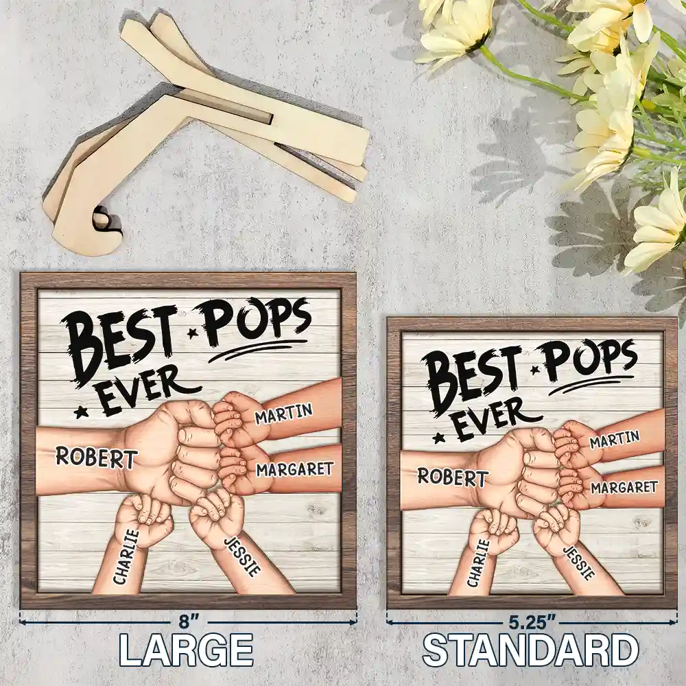 Best Dad Grandpa Ever Fist Bump - Personalized 2-Layered Wooden Plaque With Stand - Image 5