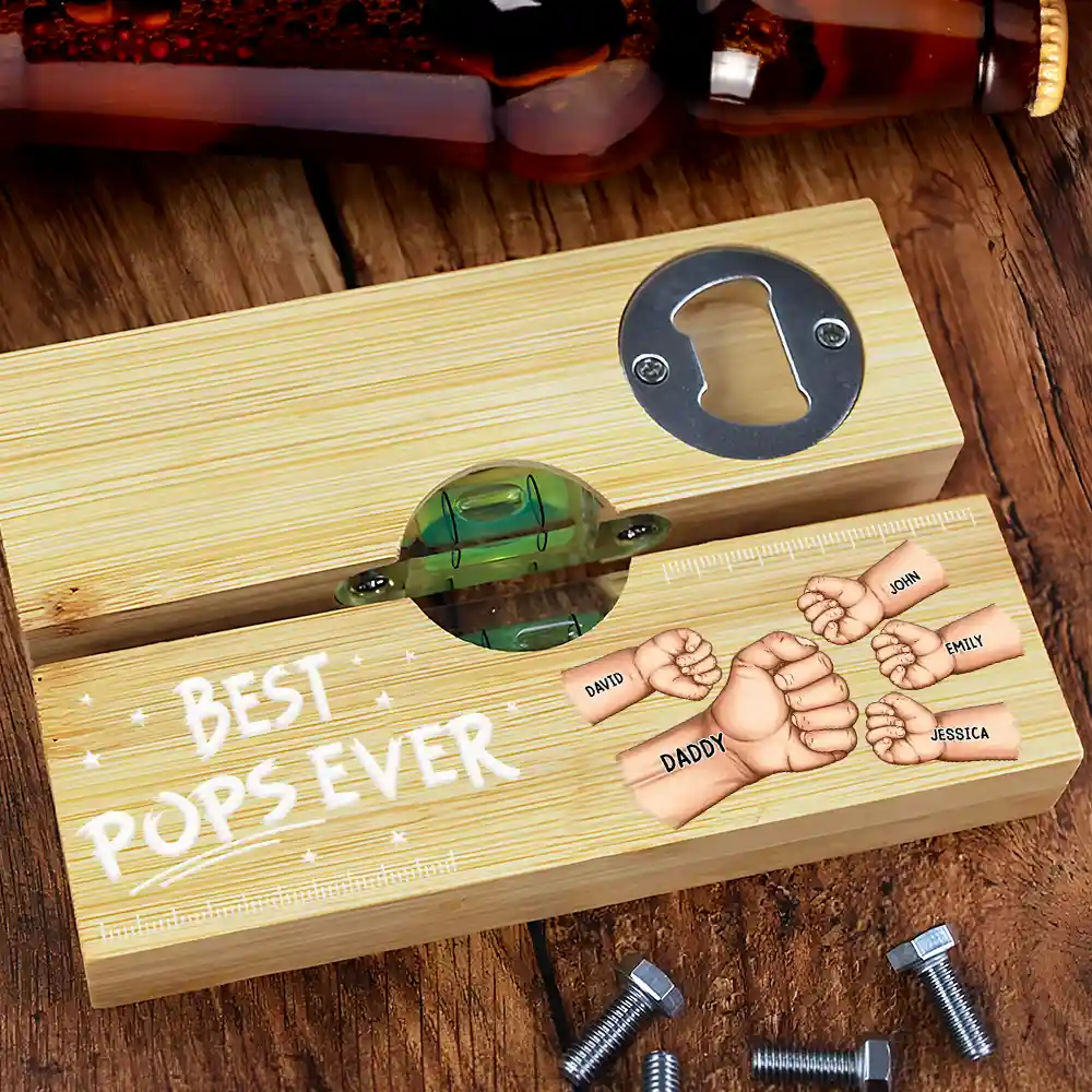 Best Dad Grandpa Ever Fist Bump - Personalized Bottle Opener Wood Level - Image 4
