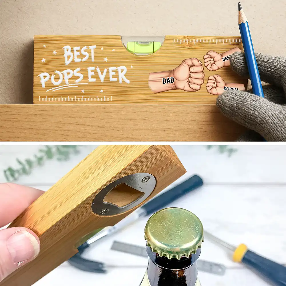 Best Dad Grandpa Ever Fist Bump - Personalized Bottle Opener Wood Level - Image 5