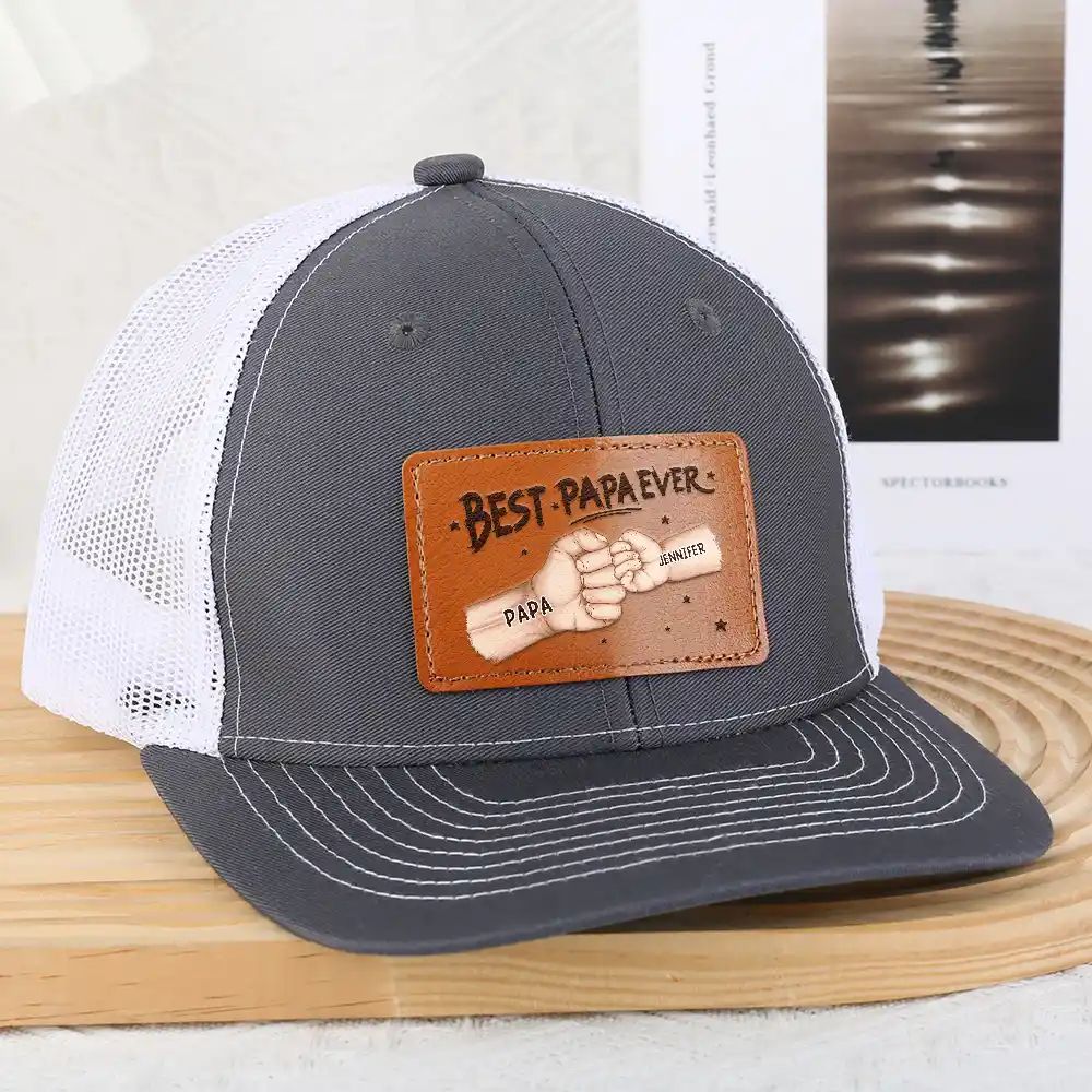 Best Dad Grandpa Ever Fist Bump - Personalized Leather Patch Hat - Image 3