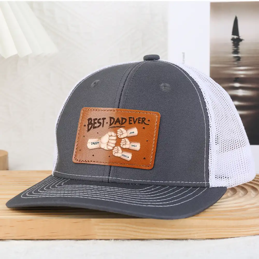 Best Dad Grandpa Ever Fist Bump - Personalized Leather Patch Hat - Image 4