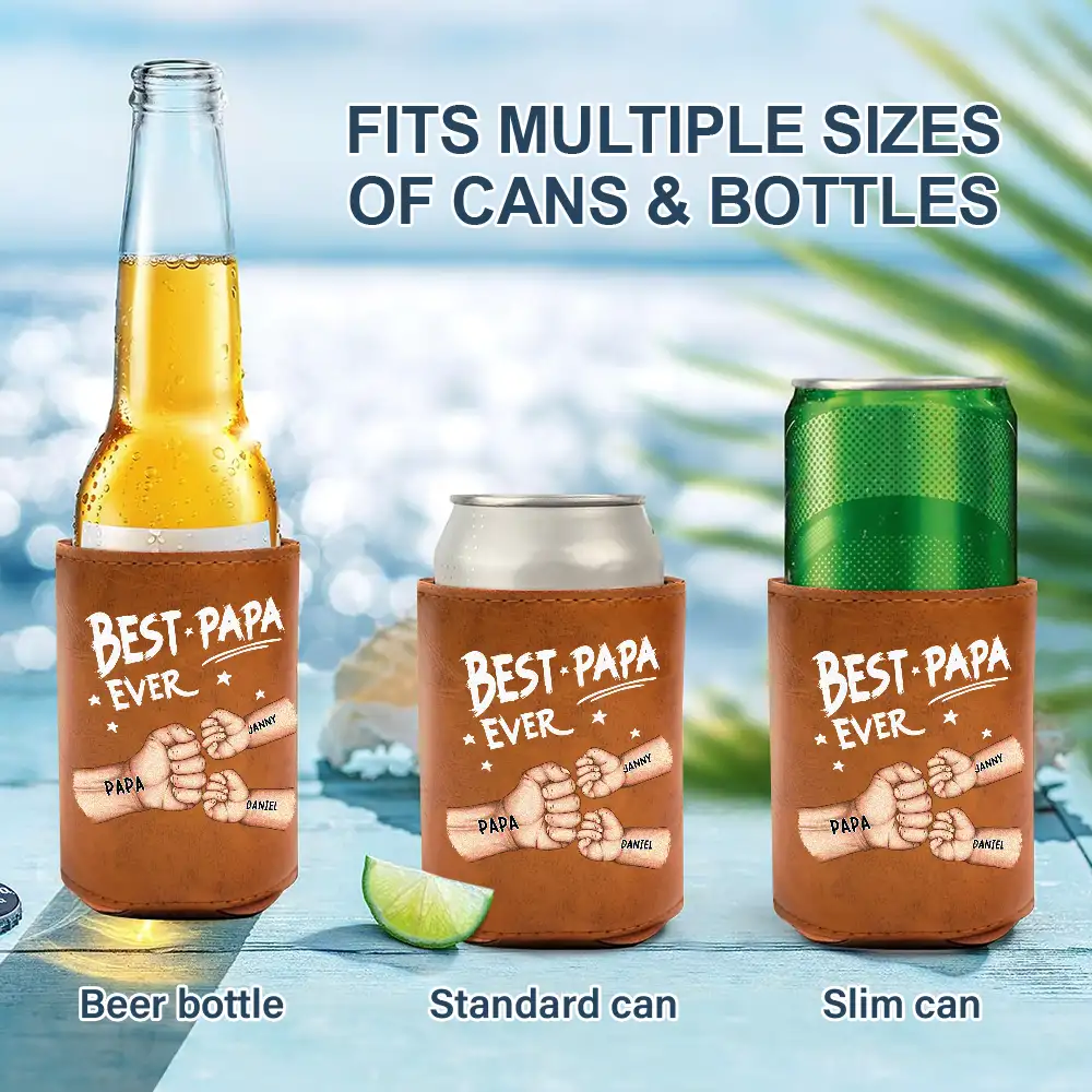 Best Dad Grandpa Ever - Personalized Leather Can Cooler - Image 2