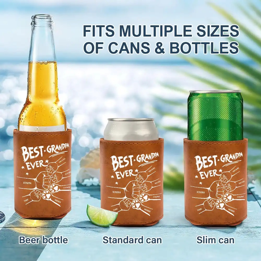 Best Dad Grandpa Ever Sketch - Personalized Leather Can Cooler - Image 2