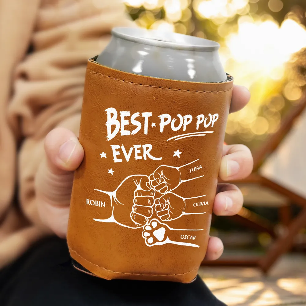 Best Dad Grandpa Ever Sketch - Personalized Leather Can Cooler - Image 3
