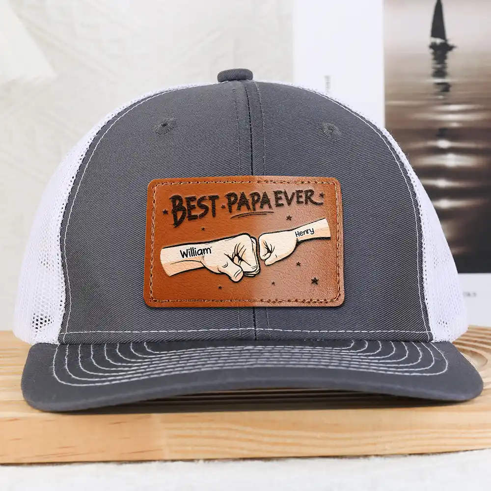 Best Dad Grandpa Hand Punch Side View - Personalized Leather Patch Hat - Image 2