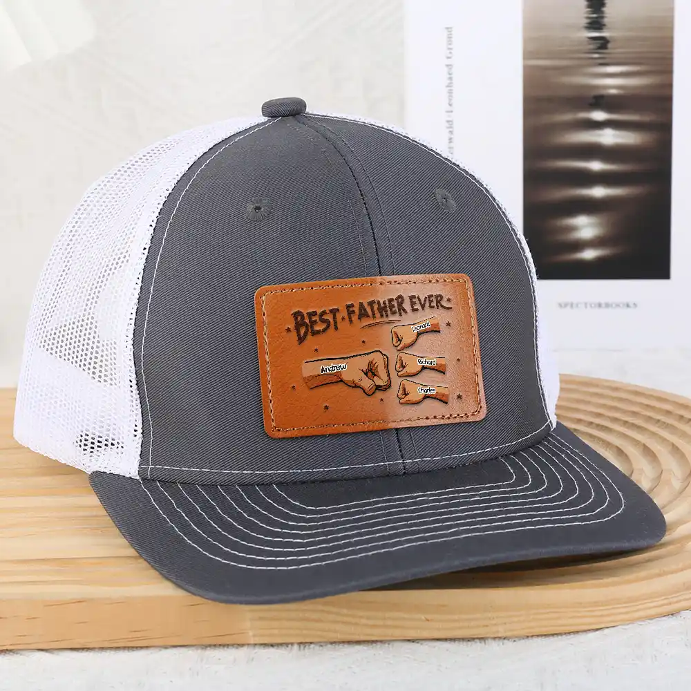 Best Dad Grandpa Hand Punch Side View - Personalized Leather Patch Hat - Image 3