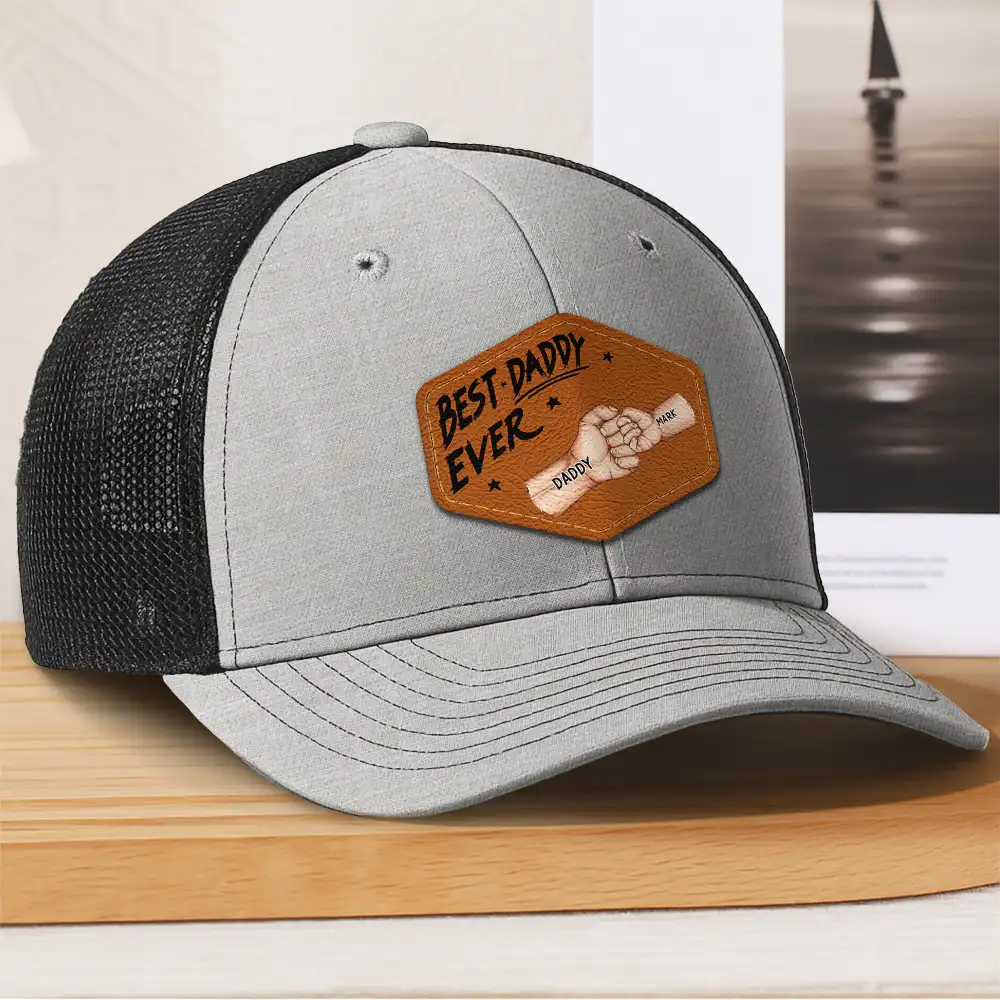 Best Dad Grandpa Papa Ever Fist Bump - Personalized Leather Patch Hat - Image 3