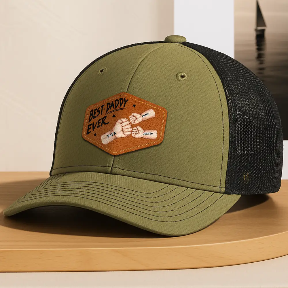 Best Dad Grandpa Papa Ever Fist Bump - Personalized Leather Patch Hat - Image 4