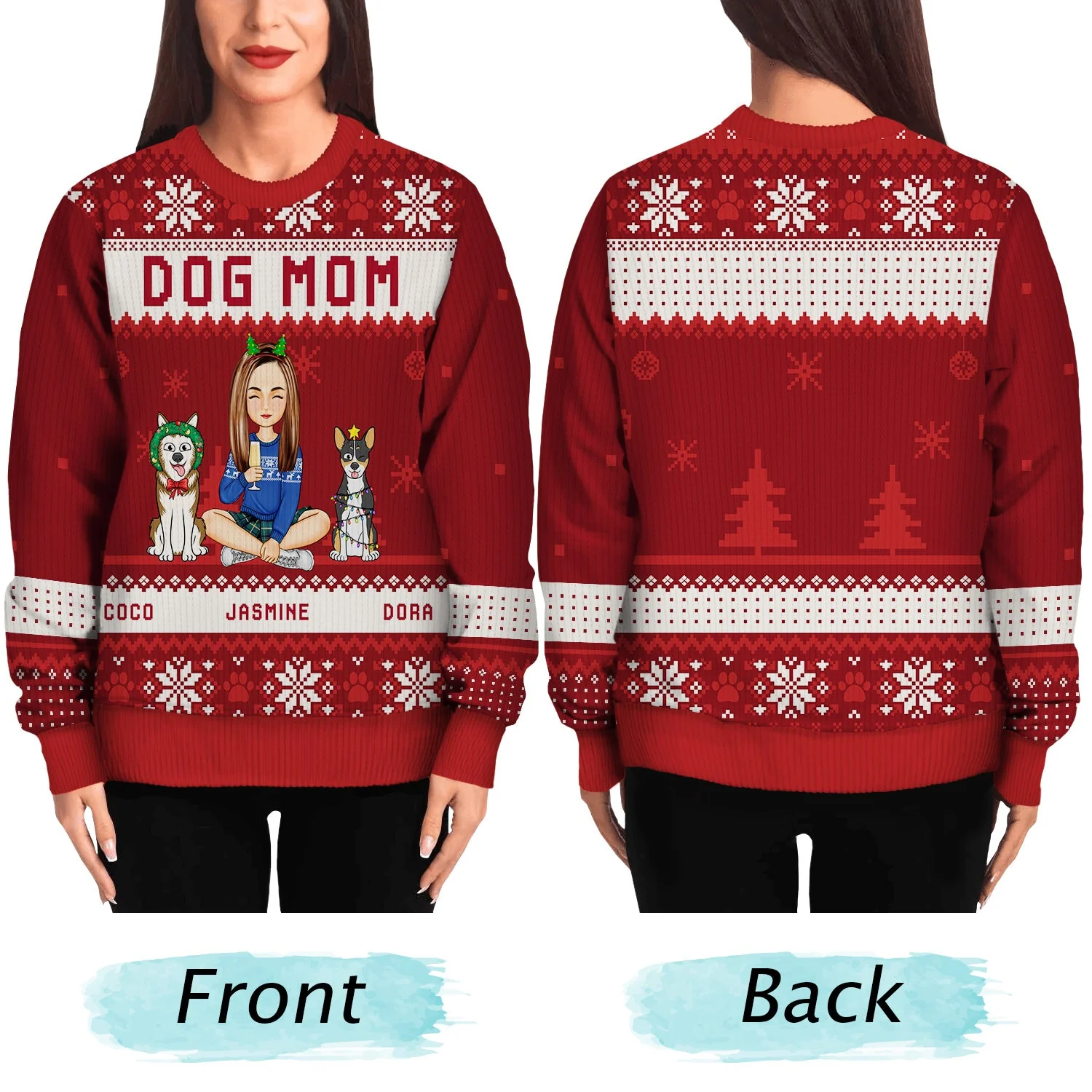 Best Dog Mom Ever Cartoon Style - Christmas Gift For Dog Lovers - Personalized Unisex Ugly Sweater - Image 5