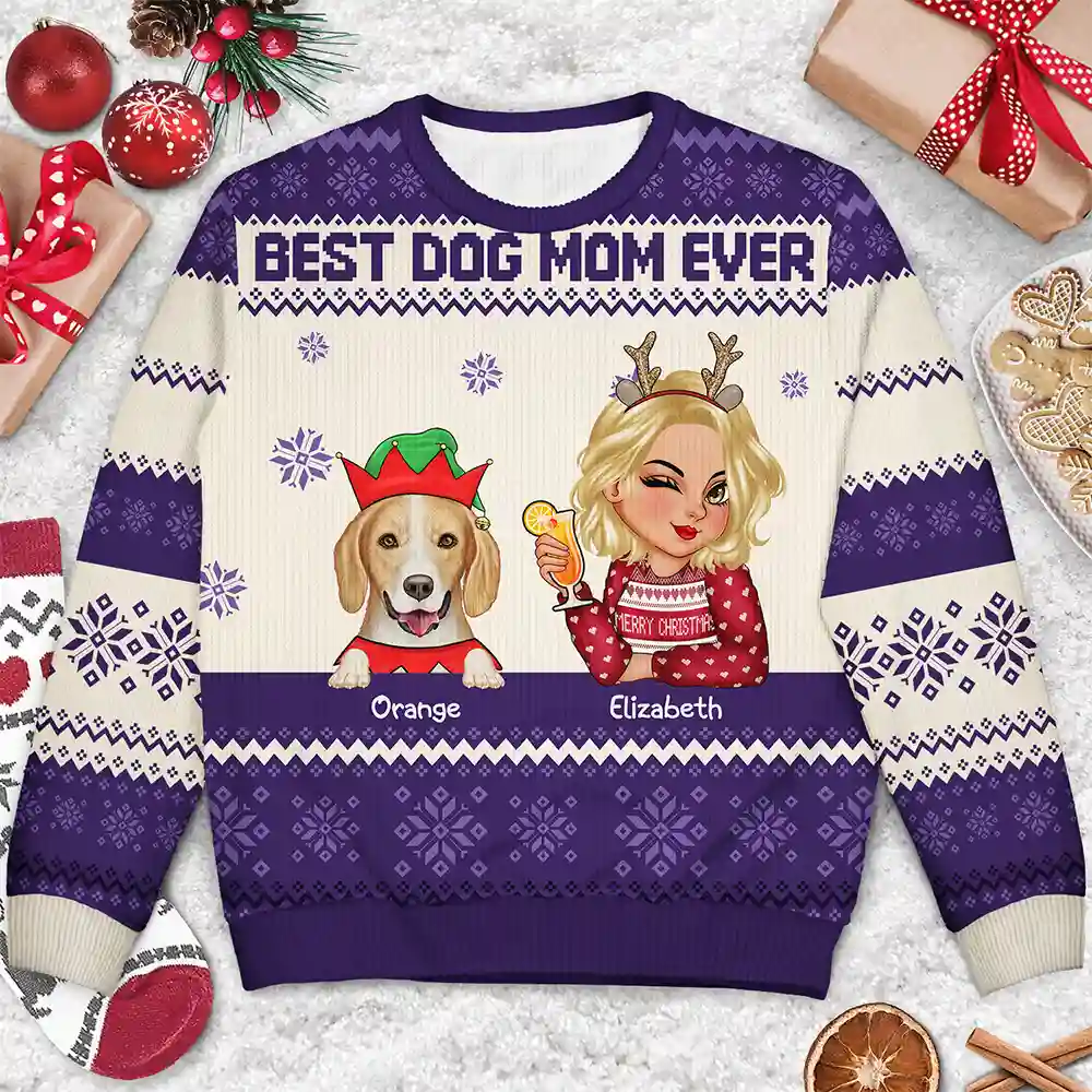 Best Dog Mom Ever Christmas - Personalized Unisex Ugly Sweater - Image 3