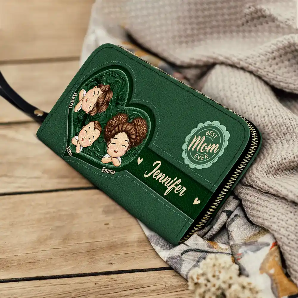 Best Mom Nana Ever Cute Chibi Kids Printed Embossed Flowers - Personalized Leather Long Wallet - Image 4