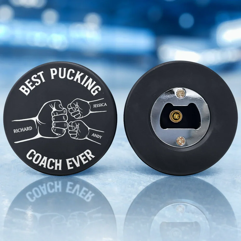 Best Pucking Dad Coach Ever - Personalized Hockey Puck Bottle Opener - Image 3