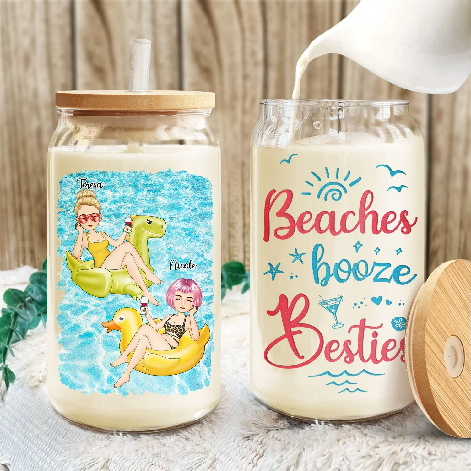 Bestie Beaches Booze & Besties - Gift For Besties - Personalized Clear Glass Can - Image 3
