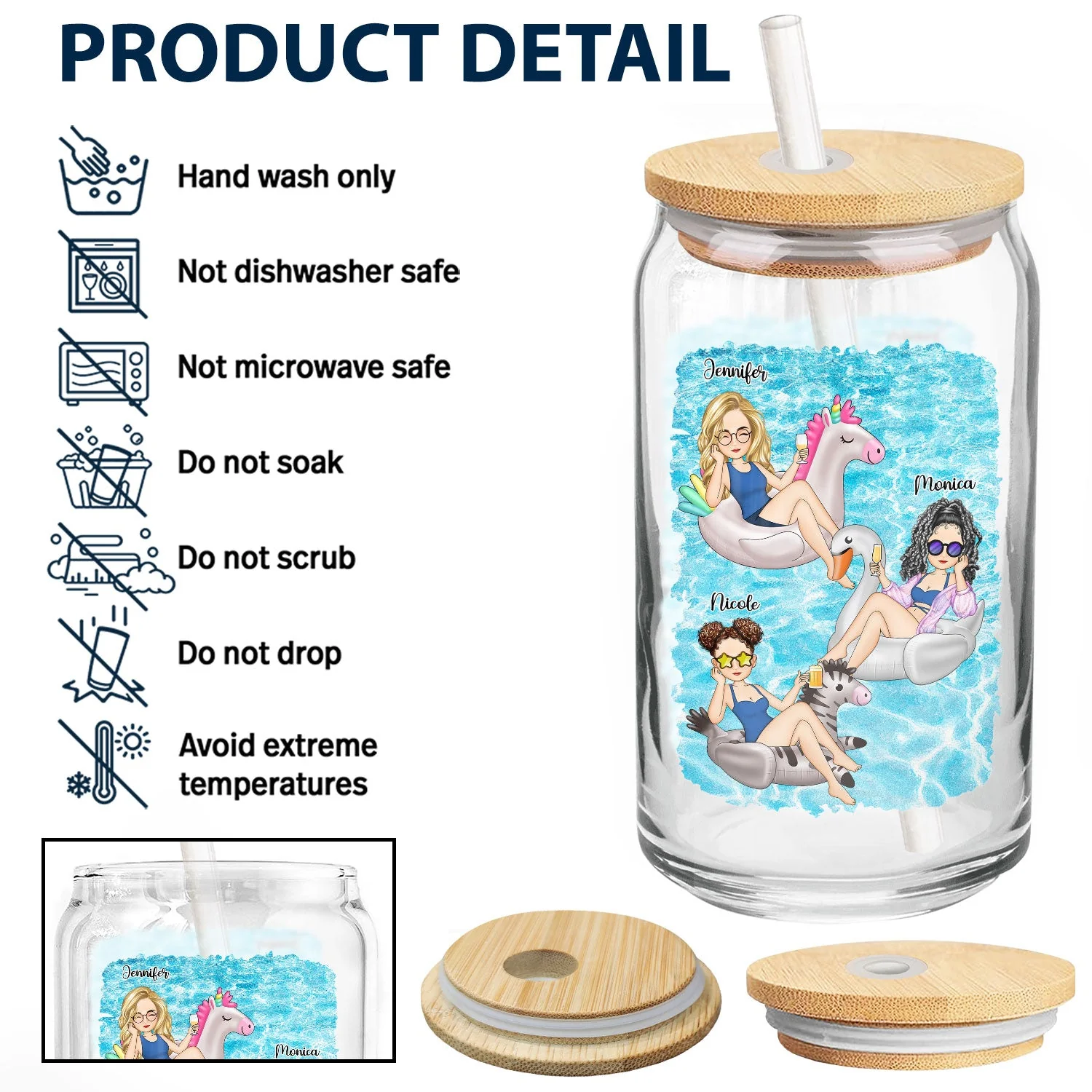 Bestie Beaches Booze & Besties - Gift For Besties - Personalized Clear Glass Can - Image 4