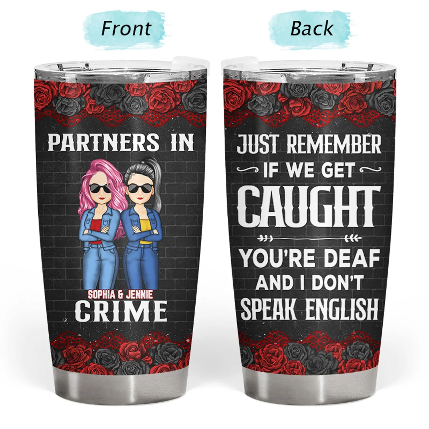 Bestie Cartoon Partners In Crime If We Get Caught Black Ver - Gift For Bestie - Personalized Custom Tumbler - Image 3