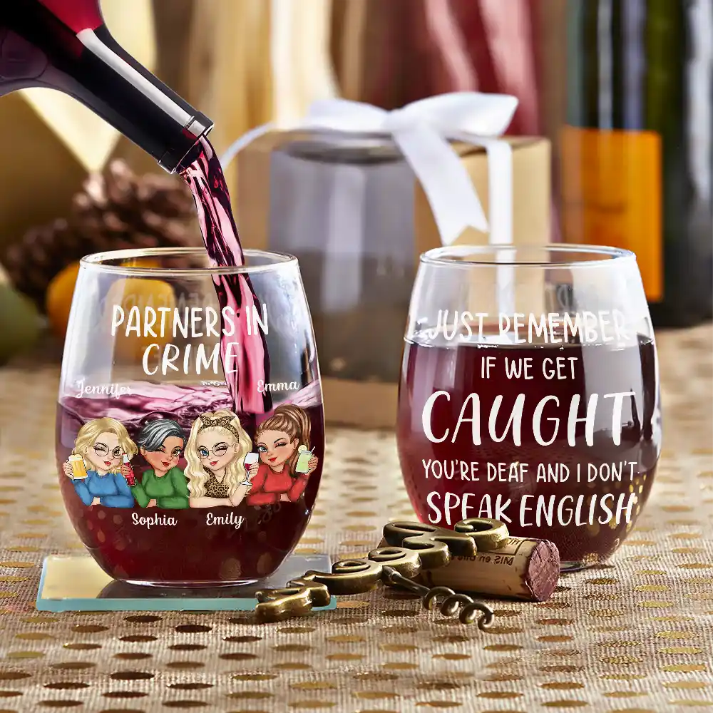 Bestie Partners In Crime If We Get Caught - Personalized Stemless Wine Glass - Image 3