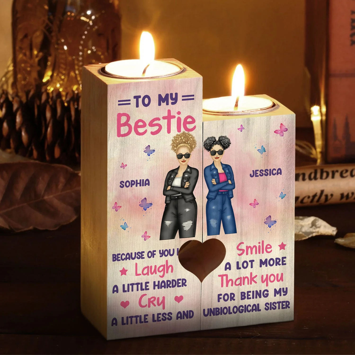 Bestie Sibling Because Of You I Laugh Harder - Personalized Custom Candle Holder - Image 3