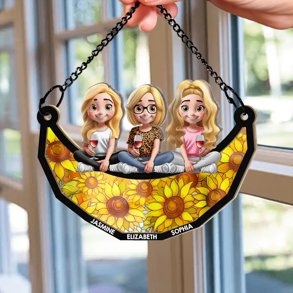 Bestie Sister Sitting On The Moon - Personalized Window Hanging Suncatcher Ornament - Image 2