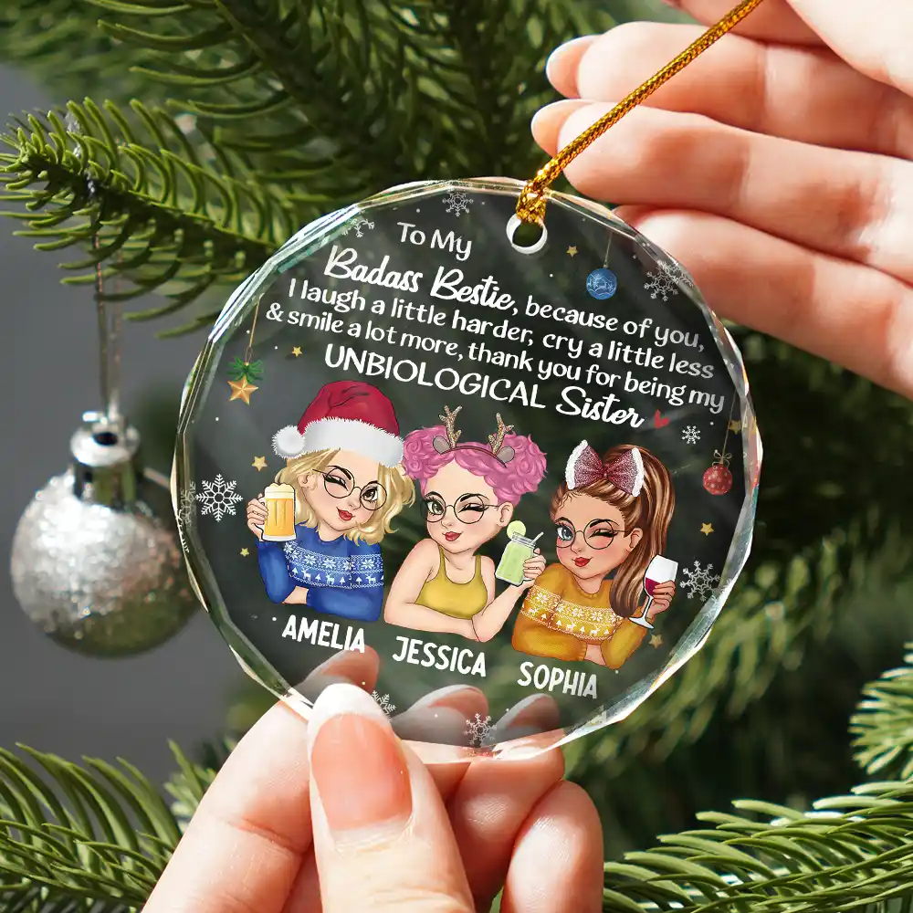 Besties Because Of You I Laugh A Little Harder Christmas - Personalized Circle Glass Ornament - Image 2