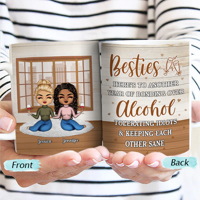 Besties Chibi Bonding Over Alcohol - Personalized Custom White Edge-to-Edge Mug - Image 2