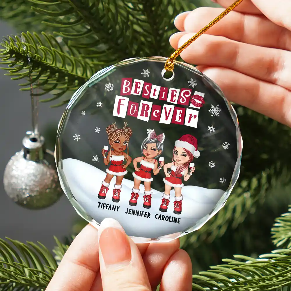 Besties Forever BFF Christmas - Personalized Circle Glass Ornament - Image 2