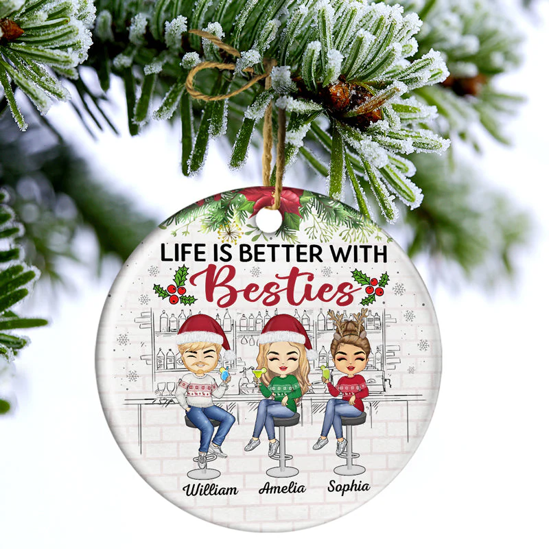 Besties Forever Christmas Best Friends Colorful - Bestie BFF Gift - Personalized Custom Circle Ceramic Ornament - Image 3