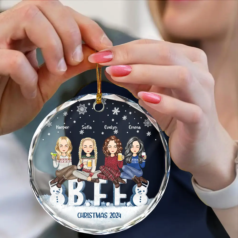 Besties Forever Christmas Sisters Cartoon - Personalized Circle Glass Ornament - Image 4