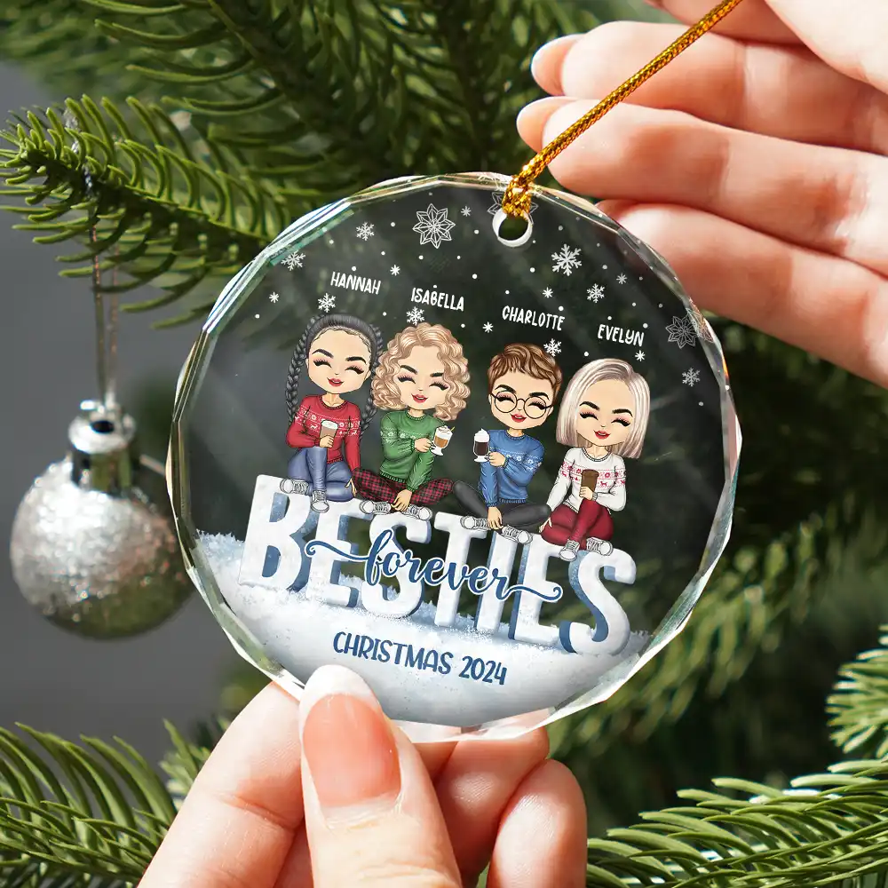 Besties Forever Christmas Sisters Chibi - Personalized Circle Glass Ornament - Image 2