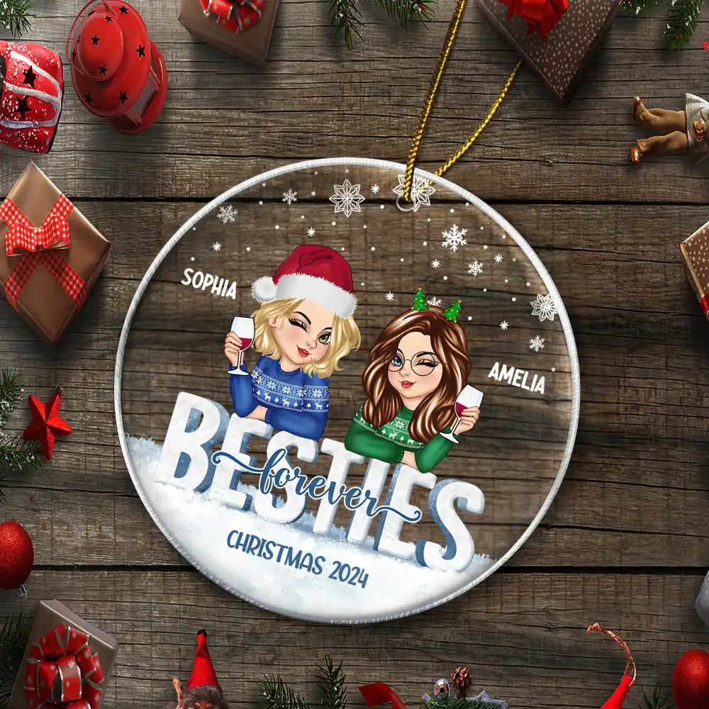 Besties Forever Christmas Sisters - Personalized Circle Acrylic Ornament - Image 5