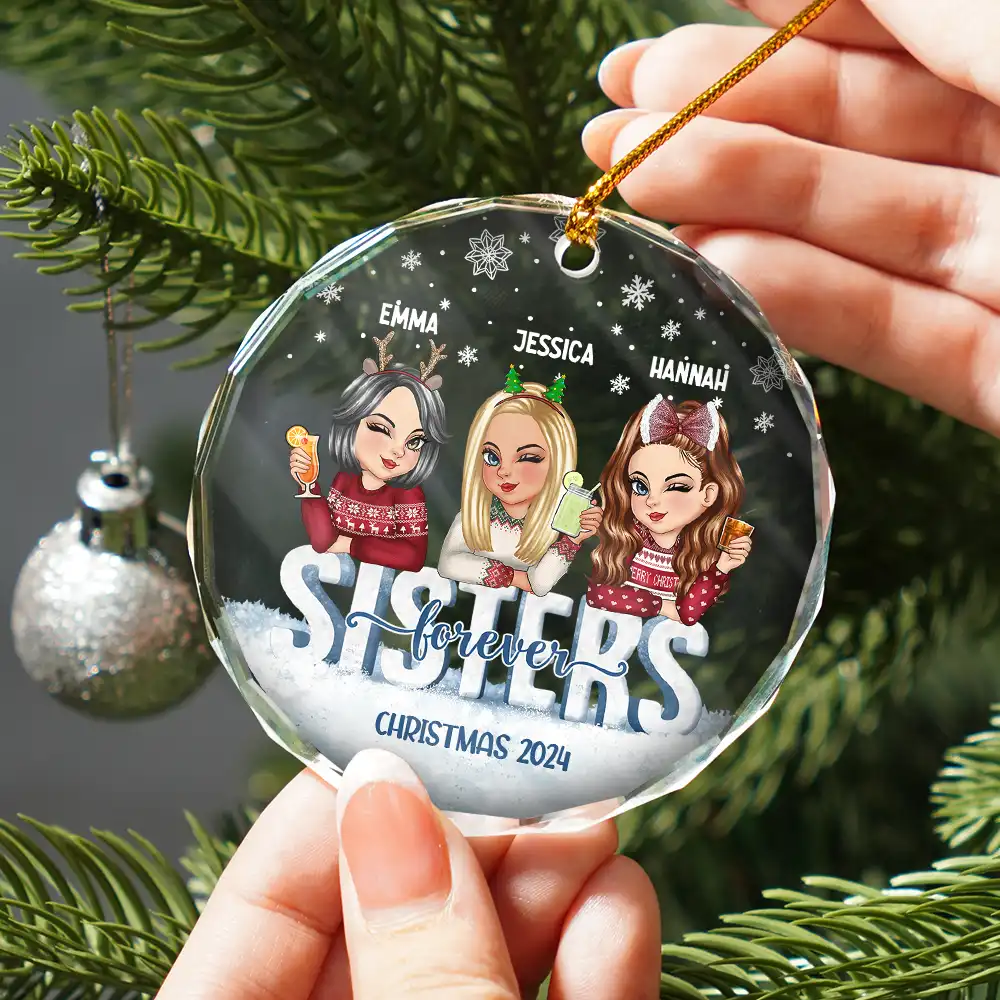 Besties Forever Christmas Sisters - Personalized Circle Glass Ornament - Image 2