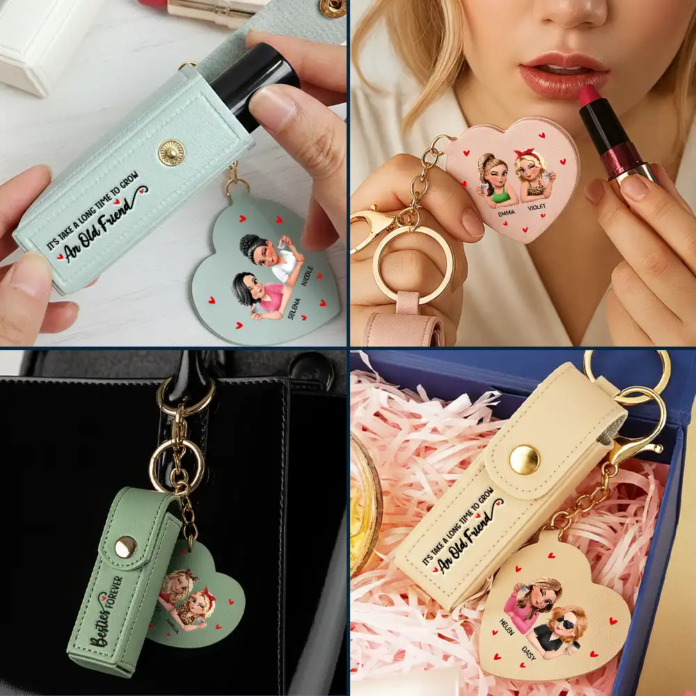 Besties Forever - Personalized Leather Lipstick Case Keychain With Mirror - Image 6