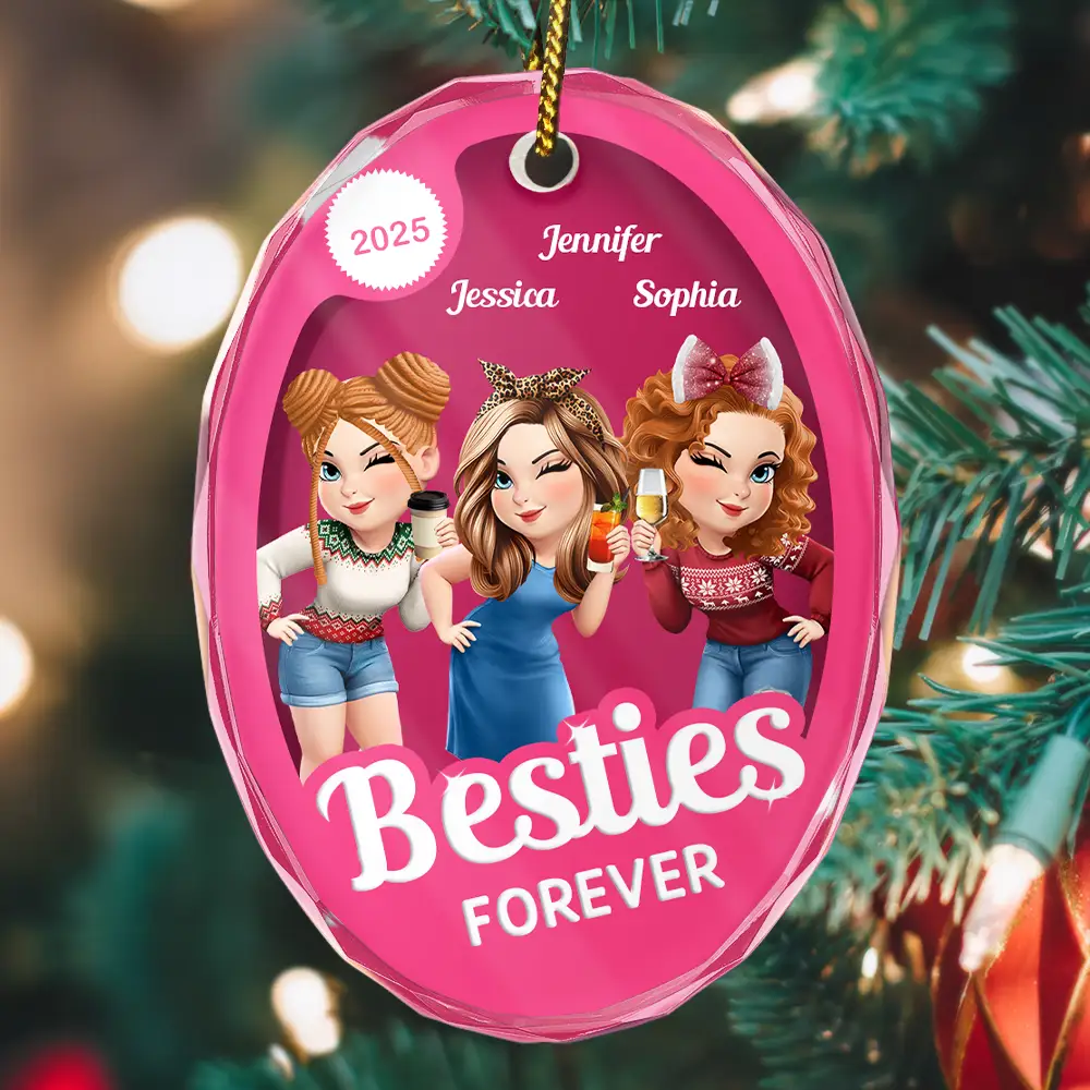 Besties Forever Pink Action Figure 3D Effect - Personalized Oval Glass Ornament - Image 2