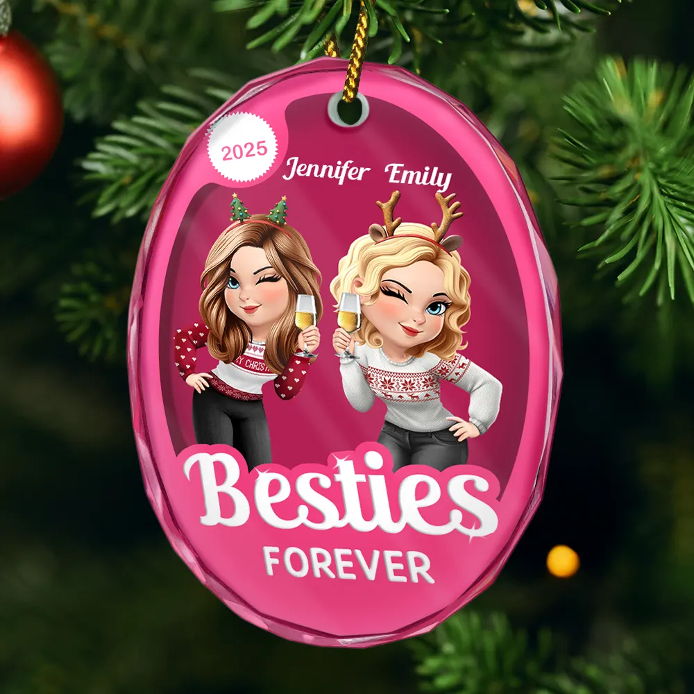 Besties Forever Pink Action Figure 3D Effect - Personalized Oval Glass Ornament - Image 4