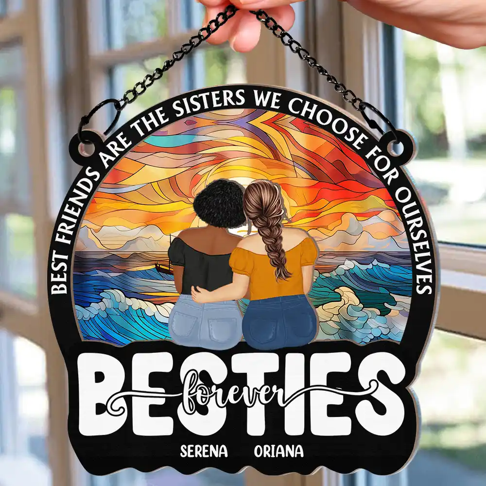 Besties Forever Sisters By Heart - Personalized Window Hanging Suncatcher Ornament - Image 2