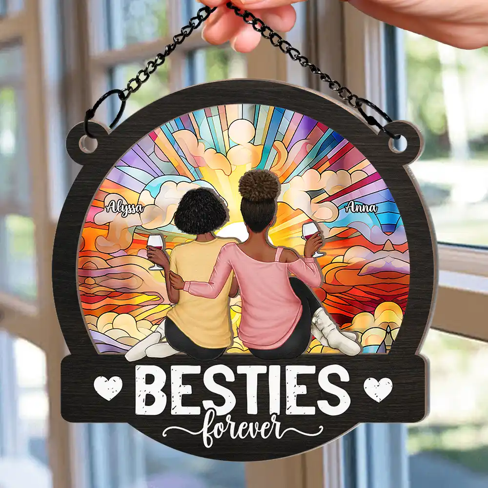 Besties Forever Sitting Together - Personalized Window Hanging Suncatcher Ornament - Image 2