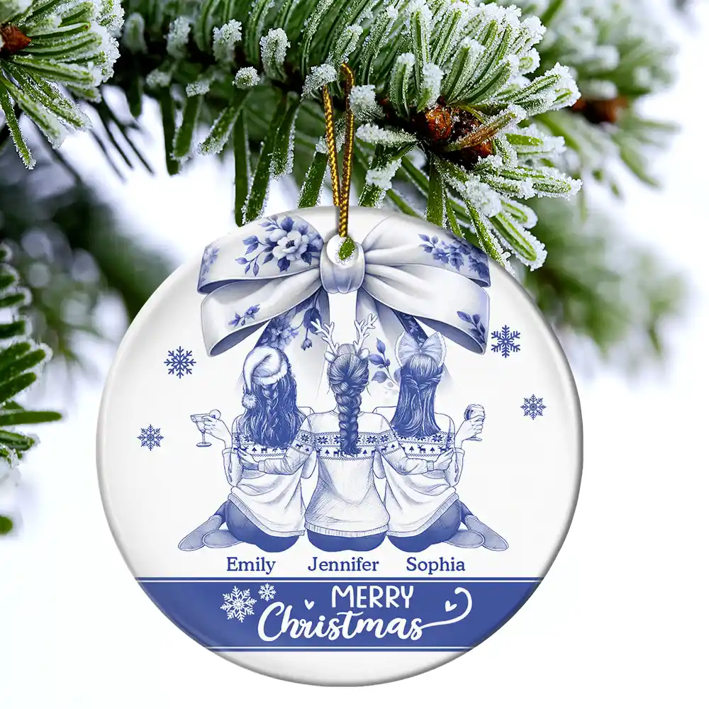 Besties Forever Toile - Personalized Circle Ceramic Ornament - Image 4